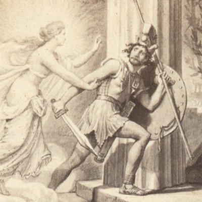 Vénus retient Énée de se venger en tuant Hélène (Énéide 2, éd. Dübner, Didot, 1858)