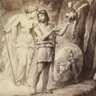 Vénus donne à Énée les armes forgées par Vulcain (Énéide 8, éd. Dübner, Didot, 1858)