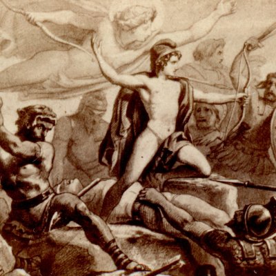 Nisus venge la mort d'Euryale en se jetant sur Volcens (Énéide 9, éd. Dübner, Didot, 1858)