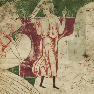 Arrivée des Troyens sur la côte libyenne. Ambassade à Carthage (Heinrich von Veldeke, Stabi mgf 282, F4v)