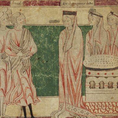 Didon accueille Énée. Remise des présents (Heinrich von Veldeke, Stabi mgf 282, F9r)