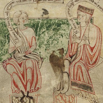 Le banquet de Didon. Énée raconte la chute de Troie (Heinrich von Veldeke, Stabi mgf 282, F9v)