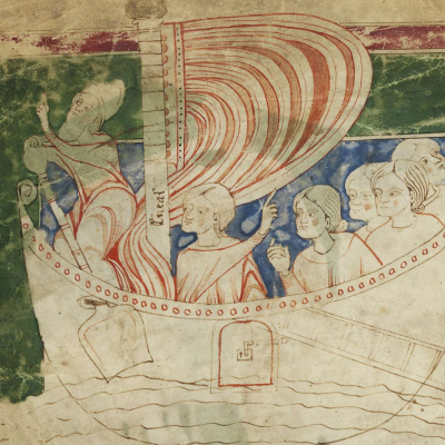 Énée aborde en Sicile. L'esprit d'Anchise lui parle (Heinrich von Veldeke, Stabi mgf 282, F19v)