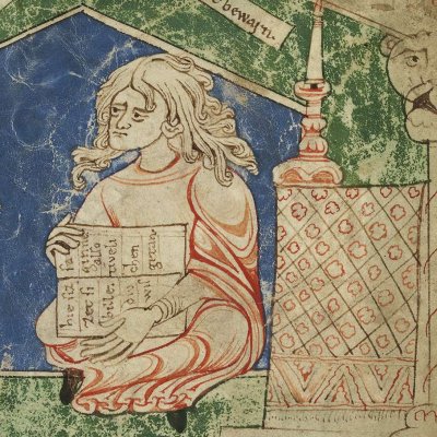 Énée demande à la sibylle son aide. Il lui apporte le rameau d'or (Heinrich von Veldeke, Stabi mgf 282, F21r)