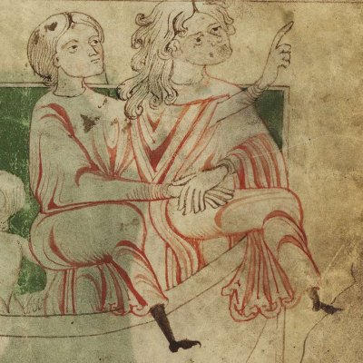 La sibylle montre le rameau d'or à Charon. Traversée du Styx (Heinrich von Veldeke, Stabi mgf 282, F23r)