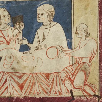 Trojan meal at the mouth of the Tiber. Embassy to Latinus (Heinrich von Veldeke, Stabi mgf 282, F25v)