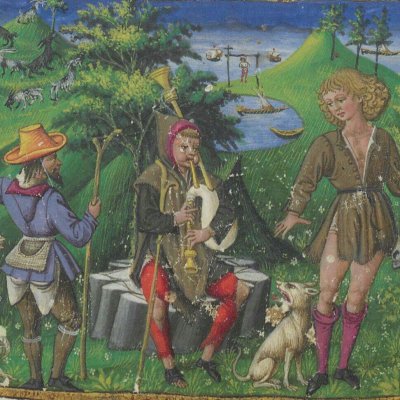 Palémon juge de Ménalque et de Damète (Bucoliques, Riccardiana, Ms492, f°1r)