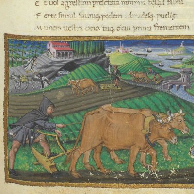 Le travail de la terre : labourage (Géorgiques, Riccardiana, Ms492, f°18r)
