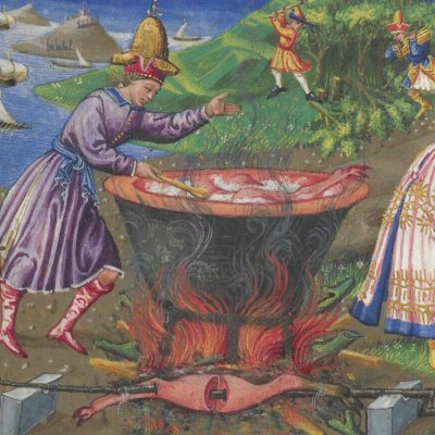 Festin après la chasse sur les côtes libyennes (Énéide, Riccardiana, Ms492, f°65r)