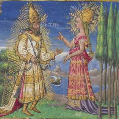Jupiter rassure Vénus sur le sort d'Énée (Énéide, Riccardiana, Ms492, f°65v)