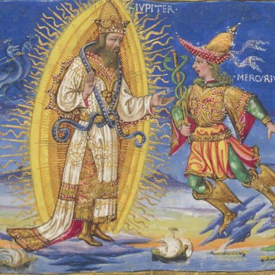 Jupiter envoie Mercure à Carthage pour préparer l'arrivée d'Énée (Énéide, Riccardiana, Ms492, f°66v)