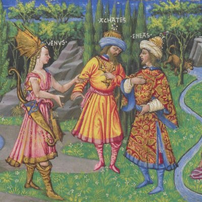 Vénus apparaît à Énée sur le chemin de Carthage (Énéide, Riccardiana, Ms492, f°67r)