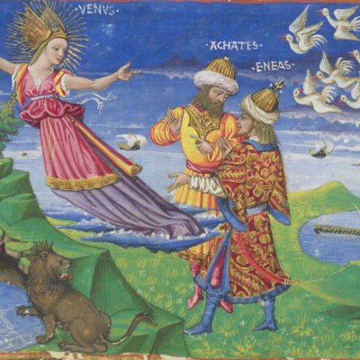 Vénus rassure Énée sur le sort de ses compagnons. Parabole des 12 cygnes (Énéide, Riccardiana, Ms492, f°68v)