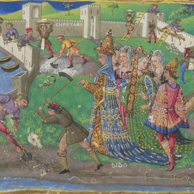 Les Tyriens déterrent une tête de cheval, présage de Junon  (Énéide, Riccardiana, Ms492, f°69r)