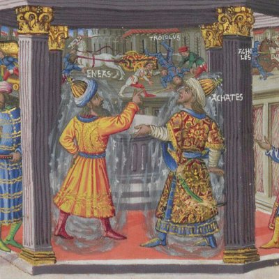 Énée et Achate admirent les bas-reliefs du temple de Junon (Énéide, Riccardiana, Ms492, f°69v)