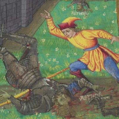 Achille traînant le corps dHector autour des murailles de Troie (Énéide, Riccardiana, Ms492, f°70r)
