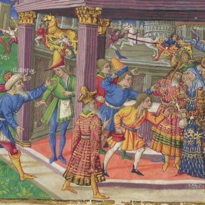 Didon prend place devant le temple de Junon (Énéide, Riccardiana, Ms492, f°70v)