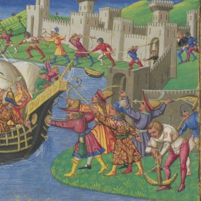 Mauvais accueil des compagnons d'Ilionée sur le rivage libyen (Énéide, Riccardiana, Ms492, f°71v)