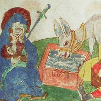 Notre-Dame des Douleurs. La fuite en Égypte (Speculum humanæ salvationis, KB 10 B 34, F46ra)