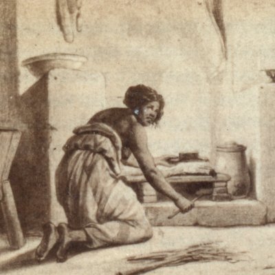 Intérieur paysan, préparation du cachat (Moretum, Appendix vergiliana, éd. Dübner, Didot, 1858)