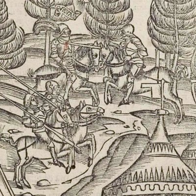 Volcens tue Euryale (Virgile, Énéide 9, éd. Brant, Strasbourg Grüninger 1502, f337)