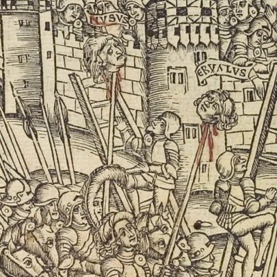 Les têtes de Nisus et d'Euryale brandies au bout de piques (Virgile, Énéide 9, éd. Brant, Strasbourg Grüninger 1502, f338v)