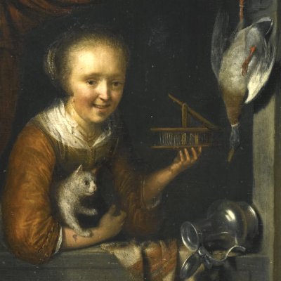 Jeune fille à la fenêtre avec un chat et une souricière - Gerrit Dou