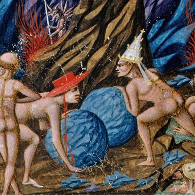 4e cercle. Pluton renversé. Avares et prodigues roulant des rochers (Divine Comédie, Yates Thompson 36) - Priamo della Quercia