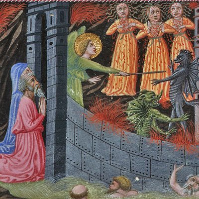 6e cercle. Un ange force l'entrée de Dité, gardée par trois Furies (Divine Comédie, Yates Thompson 36) - Priamo della Quercia