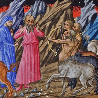 7e cercle, 1ère zone. Les Centaures. Chiron. La rivière de sang (Divine Comédie, Yates Thompson 36) - Priamo della Quercia