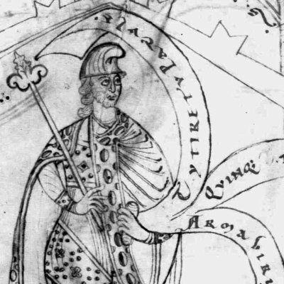 Virgile tenant les phylactères des vers liminaires de ses trois œuvres (Virgile de Weihenstephan)
