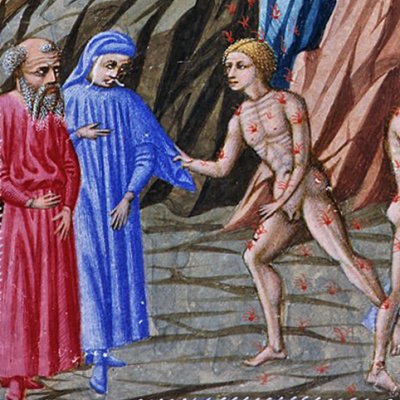 7e cercle, 3e zone. Les sodomites. Brunetto Latini prend Dante par la manche (Divine Comédie, Yates Thompson 36) - Priamo della Quercia