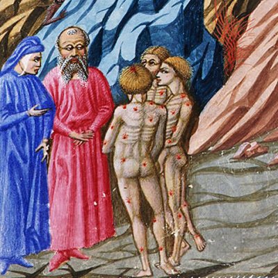 7th circle, 3rd zone. The sodomites. Iacopo Rusticucci and his two companions (Divine Comedy, Yates Thompson 36) - Priamo della Quercia
