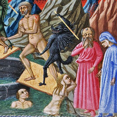8e cercle, la Malebolge. Ruffians flagellés, adulateurs plongés dans la fange (Divine Comédie, Yates Thompson 36) - Priamo della Quercia