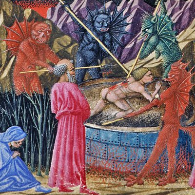 8e cercle, 5e bolge. Supplice des concussionnaires (Divine Comédie, Yates Thompson 36) - Priamo della Quercia