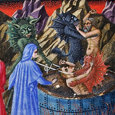 8e cercle, 5e bolge. Les concussionnaires harponnés par Barbariccia et sa troupe (Divine Comédie, Yates Thompson 36) - Priamo della Quercia