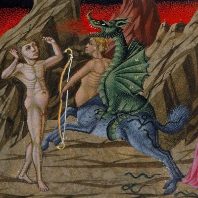 8e cercle, 7e bolge. Un centaure poursuit Vanni Fucci (Divine Comédie, Yates Thompson 36) - Priamo della Quercia