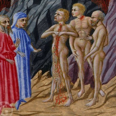 8e cercle, 9e bolge. Les semeurs de discorde. Mahomet (Divine Comédie, Yates Thompson 36) - Priamo della Quercia