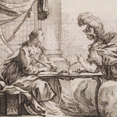 Zilia écrivant sous la dictée de Minerve (Lettres d'une Péruvienne, 1752) - Delafosse d'après Eisen