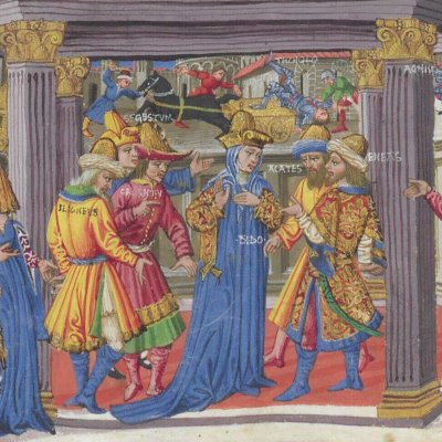 Construction de Carthage. Didon accueille Énée (Énéide, Riccardiana, Ms492, f°72r)