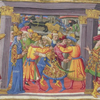Retrouvailles d'Énée et d'Ilionée (Énéide, Riccardiana, Ms492, f°72v)