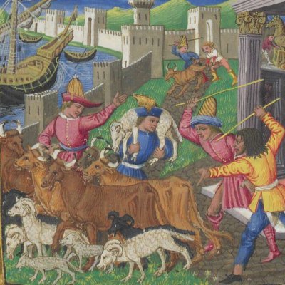 Didon offre aux Troyens taureaux et béliers (Énéide, Riccardiana, Ms492, f°73r)
