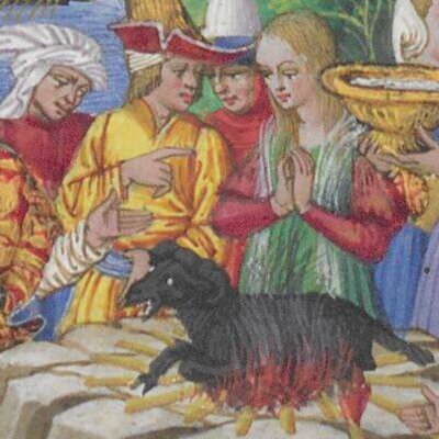 Sacrifice d'un bélier noir à Polydore (Énéide, Riccardiana, Ms492, f°92v)