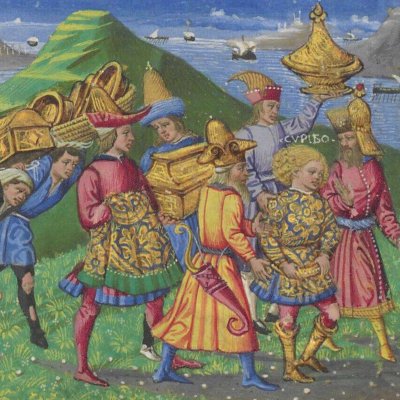 Cupidon sous les traits d'Ascagne emporte des présents pour Didon (Énéide, Riccardiana, Ms492, f°74r)