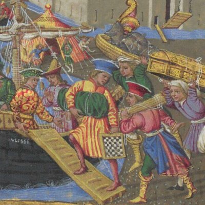 Simulant leur départ, les Grecs embarquent pour Ténédos (Énéide, Riccardiana, Ms492, f°76r)