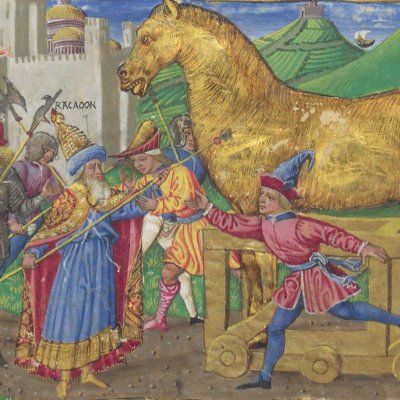 Laocoon frappe le cheval de Troie de sa lance (Énéide, Riccardiana, Ms492, f°76v)
