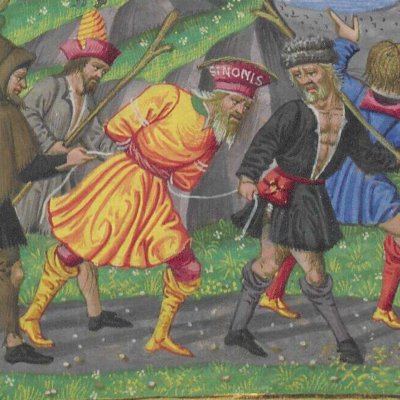 Le traître Sinon est conduit devant Ripheus (Énéide, Riccardiana, Ms492, f°77r)