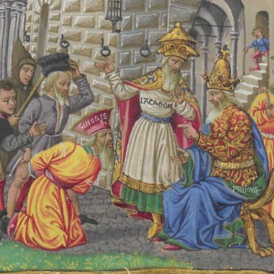 Le traître Sinon à genoux devant Priam (Énéide, Riccardiana, Ms492, f°77v)