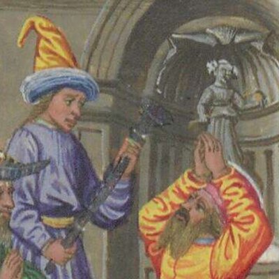 Sinon tells Priam of Minerva's supposed prodigies (Aeneid, Riccardiana, Ms492, f°78v)
