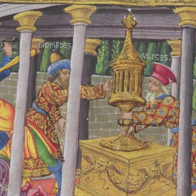Diomède et Ulysse s'emparent du Palladium dans le temple de Minerve (Énéide, Riccardiana, Ms492, f°79r)